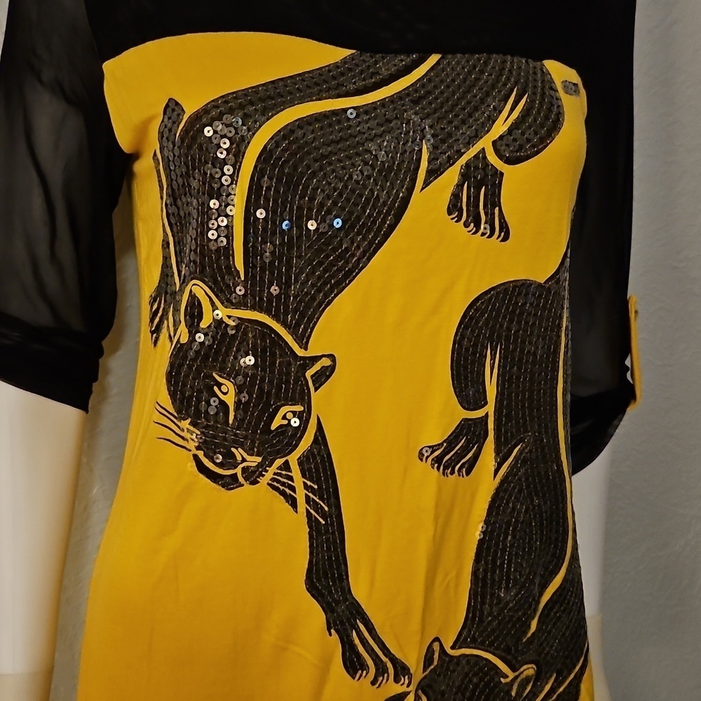 Vtg SHARIF 1827 Couture Yellow Sequin Panther Design Mesh Top - Picture 4 of 12